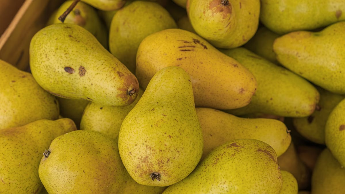 A pile of fresh green pears in a wooden crate, showcasing a vivid and natural appearance.